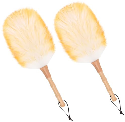 iHUFeather Staubwedel aus Lammwolle zur Reinigung mit massivem Holzgriff, Lederband, 37,8 cm, natürlicher Feder-Staubwedel zur Reinigung von Deckenventilatoren, Fensterrollos, Computermöbeln (2 Stück)
