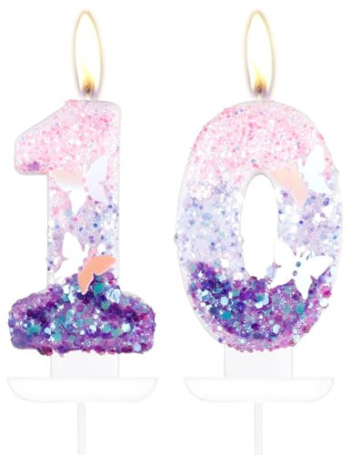 Schmetterling Zahl 10 Kerzen für Kuchen, 10 Geburtstag Schmetterling Kuchen Kerzen Cake Topper Mädchen 10 Geburtstag Kuchen Dekorationen, Lila Rosa Schmetterling Geburtstagskerzen, Lila Schmetterling