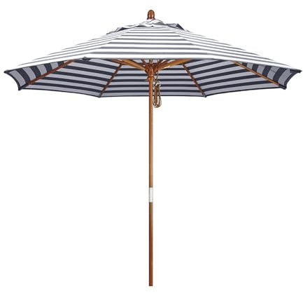 CNHRFGVD Gestreifter Terrassenschirm 270cm, Gartenschirm, wasserdicht, Sonnenschutz, faltbarer Sonnenschirm aus Holz für Balkon, Terrasse, Patio, Strandregenschirm (Color : Blau, Size : 270cm/9ft)