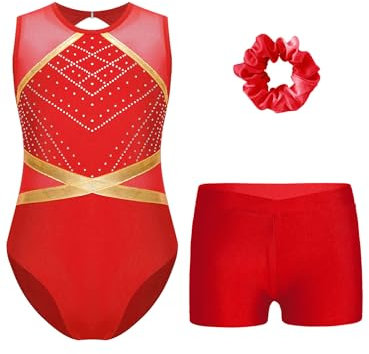 TiaoBug Mädchen Turnanzug Metallic Gymnastikanzug mit Flamme Ärmellos Trikot Leotard Gymnastik Turn Shorts Kurze Hose Tanz Kleidung Set Rot G 134-140