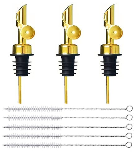 NIYATA 3 Stück Ausgießer Edelstahl, Flaschenausgießer, Olausgiesser mit Klappe Edelstahl, Pourer Ausgießer, Ausgießer für Flaschen, mit 5 Reinigungsbürste für Alkohol Olivenöl flüssiger Essig (Gold)