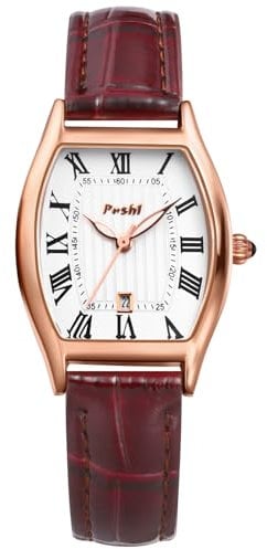 JewelryWe Damenuhr Leder Rechteckige Uhr: Damen Vintage Datum Kalender Analog Quarz Armbanduhr Frauen Rot Lederarmband Geschäft Lässige Uhr mit Römischen Ziffern Tonneau Zifferblatt