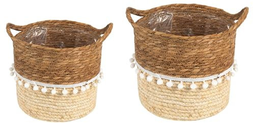 Pflanzkorb LINI 2er Set aus Seegras braun/Natur - Übertopf, Aufbewahrungskorb geflochten, Folieneinsatz, Boho Korb, Wohnzimmer, Badezimmer