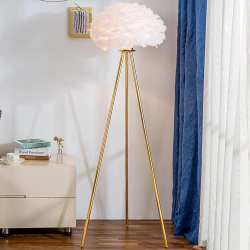 Feather Floor Lamp, Feather Lamps for Bedrooms, Tripod Floor Lamp with Pink Feather Shade, for Bedrooms/Living Room/Dining Room/Kitchen,White