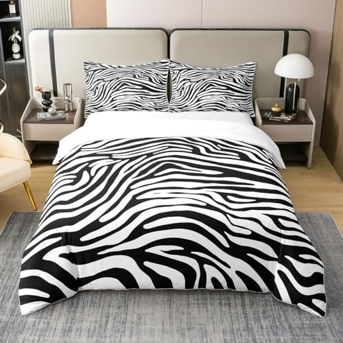 Loussiesd Zebra Streifen Bettbezug Set Leopard Drucken Bettwäsche Set 135x200cm 100% Baumwolle für Kinder Jungen Mädchen Jugendliche Dekor 3D Wild Tier Haut Textur Betten Set Schwarz-Weiß Fell 2St