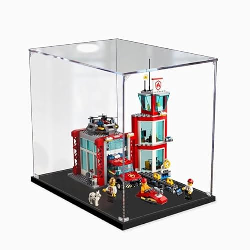 HCAEIOFJ Transparente Acryl-Vitrine für Lego City 60215, anwendbar für Feuerwehrstation, Feuerwehrturm, Schaukasten, Geschenk (nur Vitrine) (schwarzer Boden 2 mm)