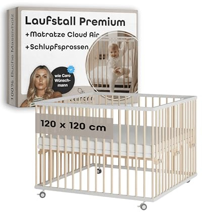 Sämann Baby Laufstall aus Holz I Weiß/Natur 120x120 cm I Inkl. Matratze Cloud Air & Schlupfsprossen I Höhenverstellbares Babybett aus Buchenholz I Laufgitter mit gummierten Rollen I TÜV geprüft
