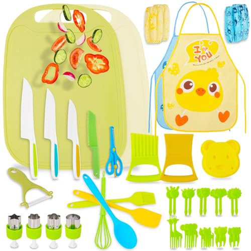 BEBOAN Kids Cooking Set, 43 Pieces, Kids Knife Set for Chopping, Mini Chef Set, Age 2-8, Kitchen Utensils with Safe Knife, Crinkle Cutter, Cutting Board