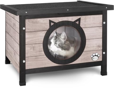 VOUNOT® Katzenhaus aus Holz, Wetterfestes Katzen Haus mit Schwingtür im Katzenohren-Design & höhenverstellbaren Füßen, Katzenhütte für draußen, Grau, 57 x 45 x 43 cm