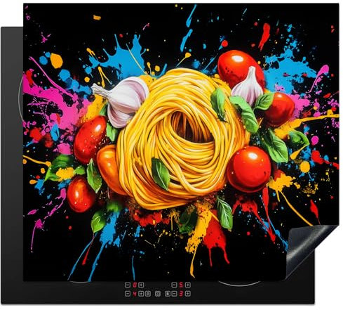 KitchenYeah© Protection Plaque Induction 58x51 cm Protege Deco Cuisine Cache Protège De Cuisson Accessoires Spaghetti - Graffiti - Peinture - Coloré - Nourriture - Modern