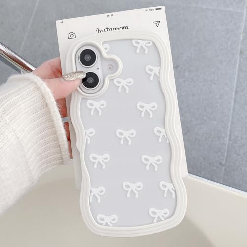 QLTYPRI Bow Case for iPhone 16, Clear Cute Ribbon Bow Phone Case Curly Wavy Aesthetic Phone Case, Slim Soft Transparent Shockproof Protective Cover for Women Girls - White