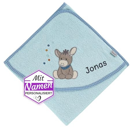 Sterntaler Kapuzenhandtuch mit Namen Bestickt für Baby & Kinder, Junge Badetuch Badehandtuch/Kinder-Badetuch mit Kapuze personalisiert, Serie Esel Emmi, 100x100 cm