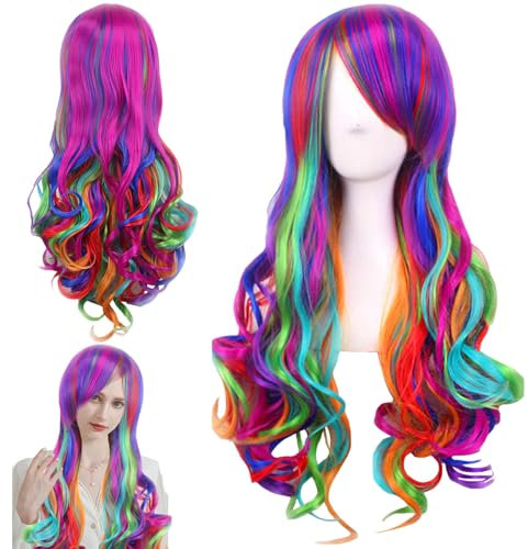 YOUYIKE Lange Lockige Perücke, 26 Zoll/65cm Bunt Cosplay Perücke für Frauen, Perücken mit Pony, Damen Perücke Lang, geschichtete, für Alltag Anime Cosplay Kostümparty Halloween Karneval