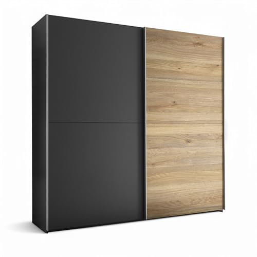 Stella Trading Melton Kleiderschrank in Graphit, Mauvella Oak Optik - Vielseitiger Schwebetürenschrank 2-türig für Ihr Schlafzimmer - 215 x 210 x 60 cm (B/H/T)