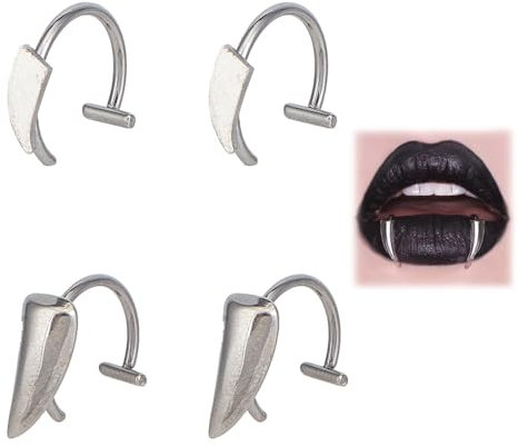NICENEEDED 4 Stück Vampir Lippenring Aus Edelstahl Verstellbare Nicht Durchdringende Wolfszähne Halloween Lippenringe In C Form Punk Boby Schmuck