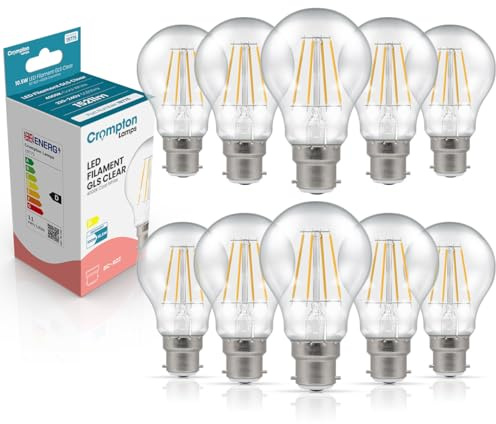 Crompton Lamps Filament GLS LED Light Bulb BC-B22d | 10.5W = 100W Equivalent | Cool White 4000K | Energy Efficient | Bayonet Lightbulb | Long Life 15,000-Hrs | Clear Glass | 10-Pack