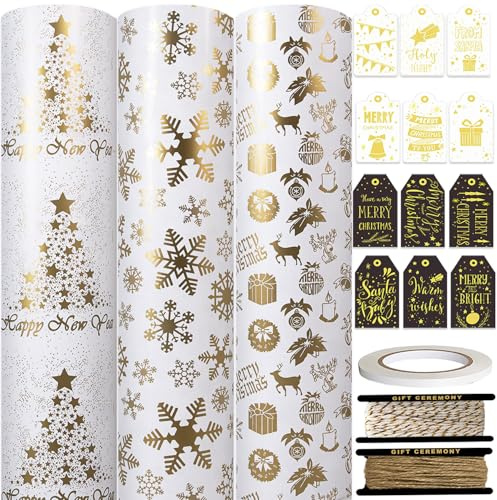 HaloCasa Geschenkpapier Weihnachten Set - 3 Rollen Metallic Weihnachtspapier in Weiß und Gold (43cm x 3m) mit Geschenkanhängern & Juteband - für Adventskalender, Geschenkverpackung & Basteln