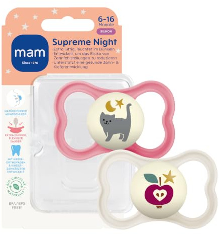 MAM Supreme Night Schnuller | 6-16 Monate | leuchtende Babyschnuller | 94% Akzeptanz | beugt Zahnfehlstellungen vor | besonders hautfreundlich | SkinSoft Silikon | Katze/Apfel | 2 Stück