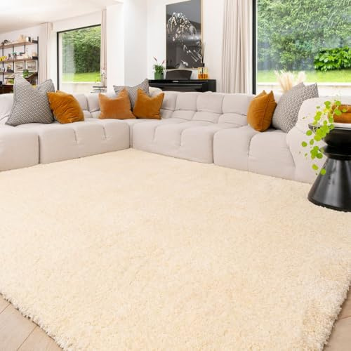 Cream Machine Washable Warm Insulating Soft Cosy Touch Plush Thick Shaggy Rug for Bedroom Livingroom Hallway 160cm x 230cm (5ft 3 x 7ft 7)