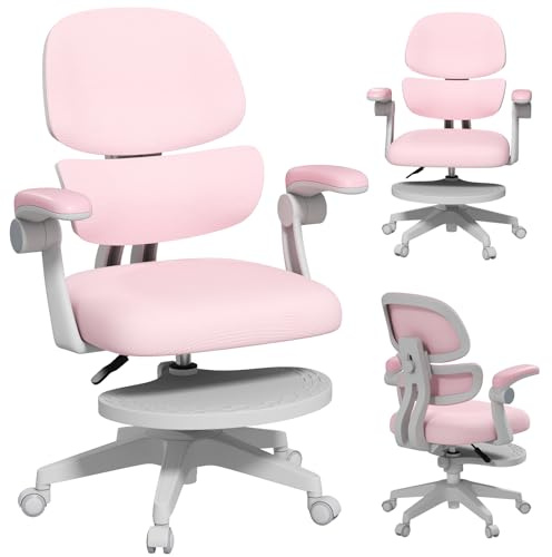 JOYLDIAS Schreibtischstuhl Kinder Ergonomischer, Sitzhohe 40-52 cm, Rosa | Kinderdrehstuhl mit Verstellbare Rückenlehne, Übergroß Fußablage & Klappbare Armlehnen, Bürostuhl für Kinder & Jugendliche
