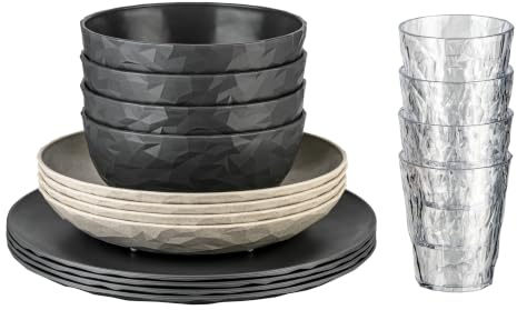 Koziol CLUB SET GÖTEBORG Geschirrset | 16 Teile, bruchfest, stapelbar | biozirkulärer Kunststoff, spülmaschinengeeignet, melaminfrei | Camping, Picknick, Outdoor (nature ash grey)