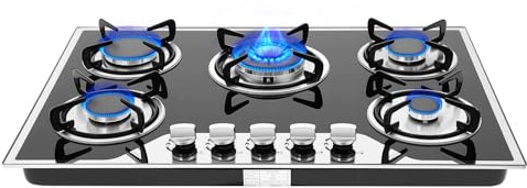 MIIWWOWO 5 Burner Gas Hob, 3.2+2.75+1.75+1.75+1 kW Built-in LPG/NG Convertible Cooktop, 77x51x15cm Black Tempered Glass, Automatic Ignition, Independent Knobs, for Home Kitchen
