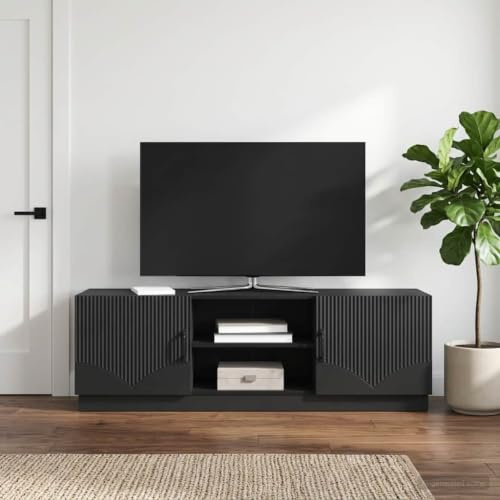 LoogCape TV-Schränk Schwarz aus Holzwerkstoff 150 x 31 x 47 cm mit Stauraum, verstellbarem Regal, Kabelmanagement, LED-Beleuchtung, vielseitig für Wohnzimmer, Schlafzimmer, Gaming Ecke
