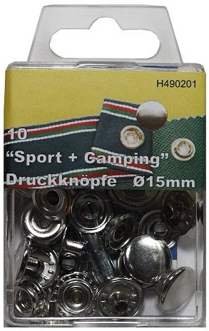 10 Druckknöpfe Sport & Camping silberfarben 15 mm Metall rostfrei mit Werkz.& Anleit. im SB Blister, 0137
