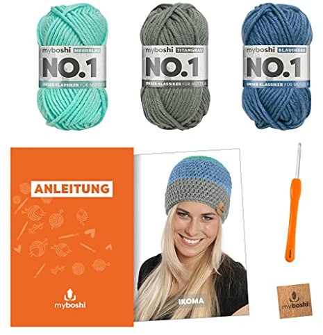 myboshi Häkelset Mütze Ikoma für Anfänger, inkl. No.1 Wolle, Häkelnadel, Wollnadeln, Anleitung, Label, Mützen-Häkelpaket, 30% Merinowolle Blau mit Häkelnadel