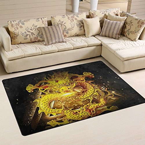 yibaihe, leicht, Bedruckt mit Deko-Teppich, Teppich mit goldenen Drachen, Schwarz, Hintergrund wasserabweisend stoßfest. Für Wohn- und Schlafzimmer 80 x 51 cm