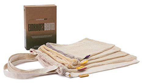 Lumaland 5er Set Einkaufsbeutel in 3 Größen - wiederverwendbar, aus 100% Baumwolle, umweltfreundlich - nachhaltige Geschenkverpackung - Einkaufsnetz, Einkaufstasche, Obstbeutel, Gemüsebeutel