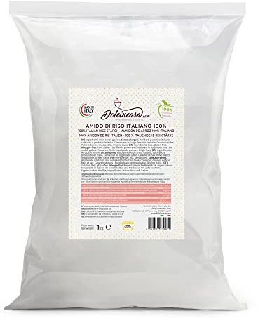 Dolcincasa-com Almidón de Arroz Puro Sin Colorantes Disolventes ni Aditivos Polvo Harina sin gluten para hornear y cocinar Apto para Veganos Blanco 1 kg