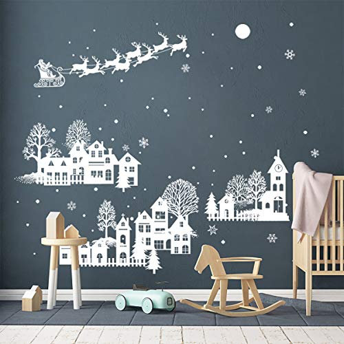 ufengke Wandtattoo Heiligabend Weiße Silhouette Wandaufkleber Weihnachtsmann Schneeflocken Wandtattoo Fenster für Kaufhaus Hause Deko Merry Christmas Weihnachtsdeko