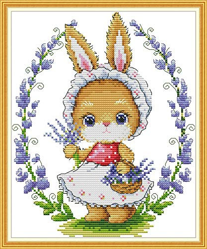 WOWDECOR Kreuzstich-Stickerei-Set für Erwachsene und Kinder, niedliches Kaninchen, Tiere, Blumen, 11 Ct, geprägt DIY DMC Nadelarbeit für Anfänger