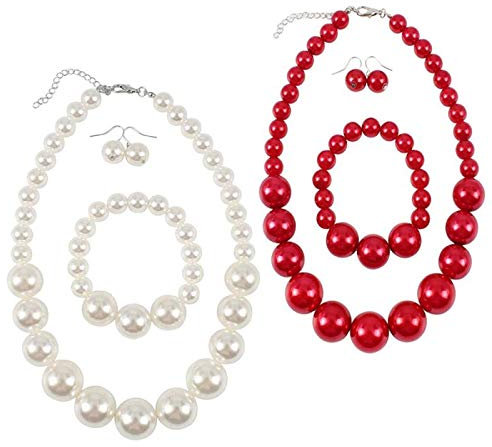 saijer Imitations Perle Schmuck Set, 2 Sets Temperament Halskette,Braut Schmucksets Nachgemachte Perlenkette Armband Ohrringe für Hochzeit Events Party Schmuck Geschenke Rot&Weiß