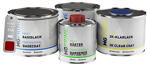 MG PRIME Peinture voiture kit de pot pour Opel 51A / G1R 50Y Peperoncino Red Metallic/Chili Rot Metallic couche de fond, base, vernis 2C, durcisseur, prêt pour la pulvérisation 1,75l