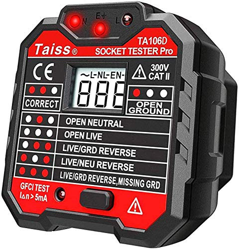 Taiss Tester di Presa con LED display di tensione,circuiti elettrici 48-250V Tester di uscita Presa di corrente Circuito elettrico/RCD,CAT II 300V TA106D