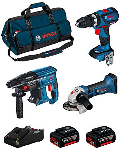 BOSCH Kit 18V BK308BAG (Taladro Percutor GSB 18V-60 C + Amoladora GWS 18-125 V-LI + Martillo Perforador GBH 18V-21 + 2 Baterías de 4,0 Ah + Cargador + Bolsa)