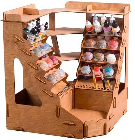 Plydolex Organizer angolare in legno per 32 bottiglie di colori e 46 pennelli – Rack con 6 supporti in miniatura e scena per riprese fotografiche – destinato a set di pittura in miniatura