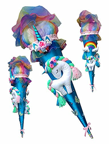 Blau, Türkis Stoff Schultüte Einhorn, Regenbogen.1 klasse Deutschland Schultasche,Zuckertüte,Mädchen Schultaschen