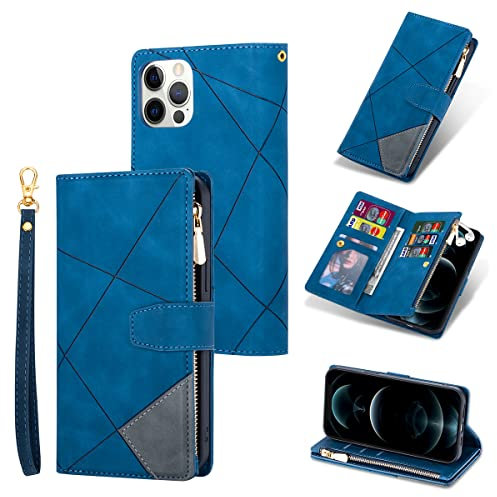 UEEBAI Wallet Case for iPhone 13 Pro 6.1 inch, Vintage Premium PU Leather Cover Flip Case with Card Slots Magnetic Closure Zipper Pocket Kickstand Handbag with Hand Strap - Splice Blue