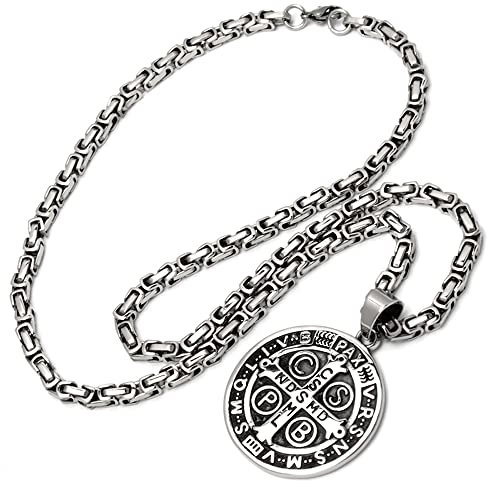 Schmuck-Checker Großes Schutzamulett mit Benediktus Kreuz aus 316L Edelstahl Königskette silber mit Anhänger Herren Biker-Schmuck Geschenk