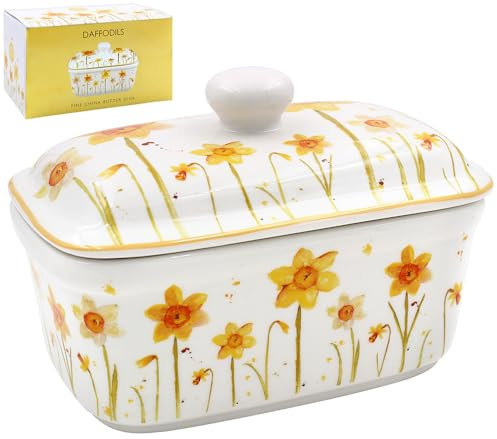 The Leonardo Collection LP94901 Ceramic Butter Dish | Daffodils design | 1 Pc, White and Yellow