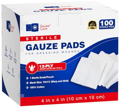 Gauze Care - 100 sterile Mullpads, 10 x 10 cm, 12-lagig, 4 x 4, USP IV, atmungsaktives Netzgewebe, für Wunden, verbesserte Absorption