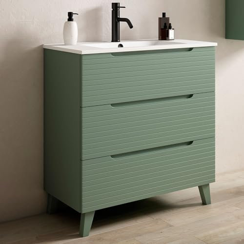 Kibath Mueble de Baño con Lavabo Boreal 80 cm 3 cajones con Patas Acabado Verde Lago Mate Fabricado en Madera