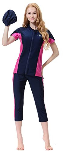 OBEEII Damen Muslimische Bademode Full Cover Hijab Burkini Modest Badeanzug Top +Hose mit Badekappe Badeanzug Set 3-Teilige zum Schwimmen Tauchen Surfen SPA Dunkelblau Kurz Ärmel S