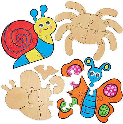 Baker Ross FC710 Käfer Puzzle aus Holz - 5er Pack, Holzpuzzle für Kinder zum Bemalen und Dekorieren