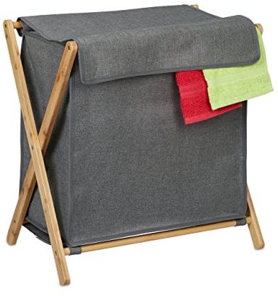 Relaxdays Wäschekorb mit Deckel, klappbarer Wäschesammler, HxBxT: 57 x 55 x 35 cm, Bambus, Stoff, Wäschebox, grau/natur