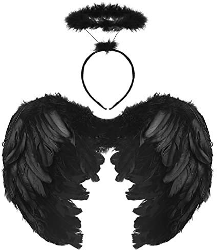 KATELUO Ailes D'ange avec Auréole D'ange, Ailes d'ange Plumes, Ailes D'ange Noire, Costume D'ailes D'ange, pour Carnaval d'Halloween Cosplay Costume de Carnaval