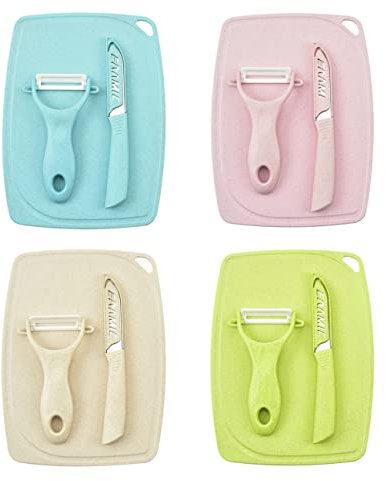 MAAFRI 4Pcs Sets 3 in 1 Home Kitchen Knife Stainless Steel Fruit Knife Peeler Chopping Board Set Food Scissor Cutting Board and Knife for Kitchen Dorm Travel
